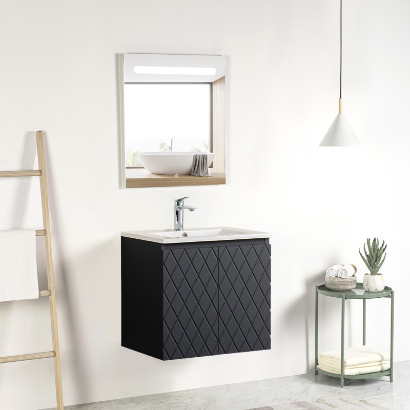 Pack meuble motif losange 60 gris 2 portes-Vasque résine-Robinet chromé-Miroir RIMA - Pack Meuble + Vasque + Robinet + Miroir...
