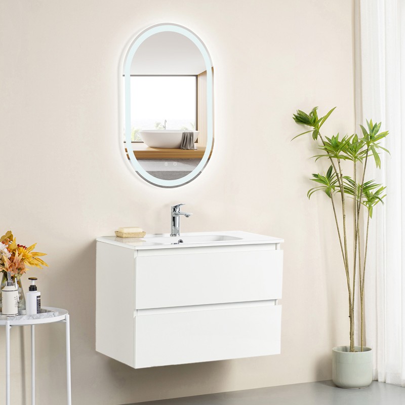 Ensemble meuble 80 blanc-Vasque résine-Miroir POLY - Ensemble Meuble + Vasque + Miroir - Bain-bain