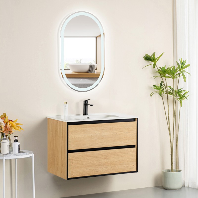 Ensemble meuble 80 bois détail noir-Vasque résine-Miroir POLY - Ensemble Meuble + Vasque + Miroir - Bain-bain