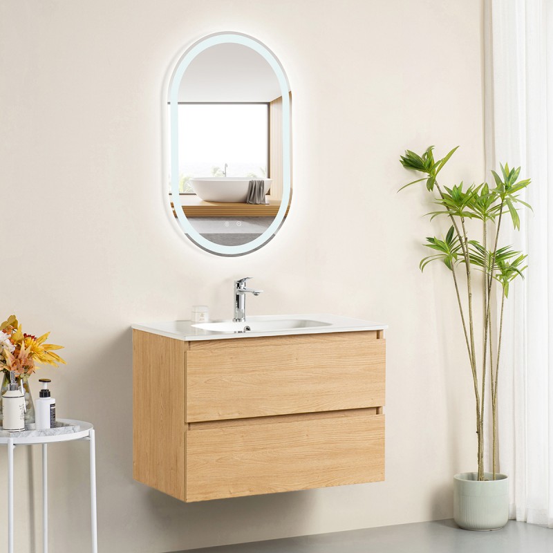 Pack meuble 80 bois-Vasque céramique-Robinet chromé-Miroir POLY - Pack Meuble + Vasque + Robinet + Miroir - Bain-bain