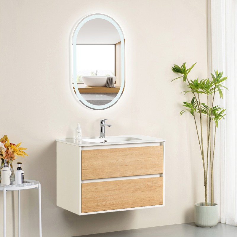 Pack meuble 80 blanc effet bois-Vasque céramique-Robinet chromé-Miroir POLY - Pack Meuble + Vasque + Robinet + Miroir - Bain-...
