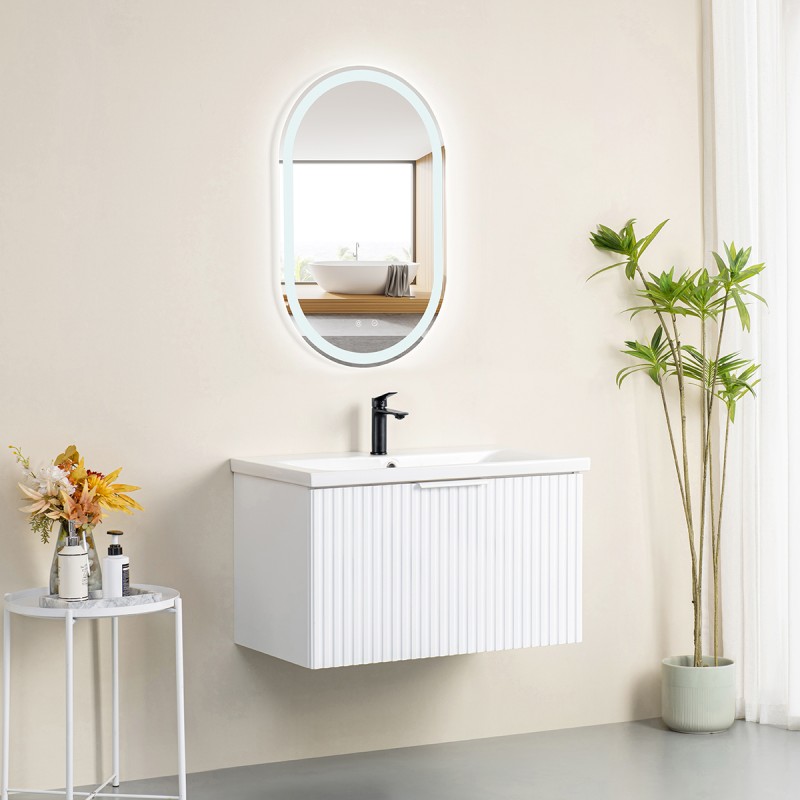 Pack meuble strié 80 blanc 1 tiroir-Vasque céramique -Robinet noir - Pack Meuble + Vasque + Robinet - Bain-bain