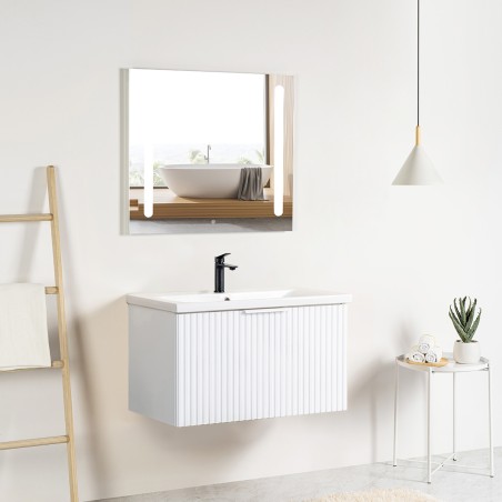 Ensemble meuble strié 80 blanc 1 tiroir-Vasque céramique-Miroir ELY - Ensemble Meuble + Vasque + Miroir - Bain-bain