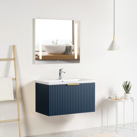 Ensemble meuble strié 80 bleu 1 tiroir-Vasque céramique-Miroir ELY - Ensemble Meuble + Vasque + Miroir - Bain-bain