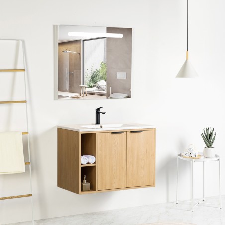 Ensemble meuble à niches 80 bois 2 portes-Vasque céramique-Miroir RIMA - Ensemble Meuble + Vasque + Miroir - Bain-bain