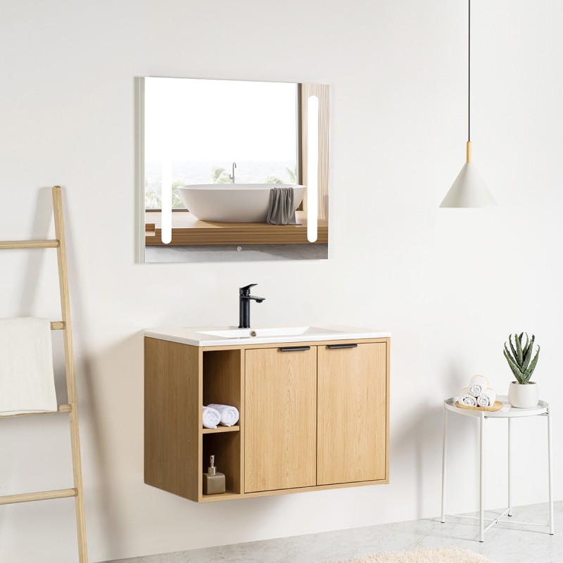 Ensemble meuble à niches 80 bois 2 portes-Vasque céramique-Miroir ELY - Ensemble Meuble + Vasque + Miroir - Bain-bain