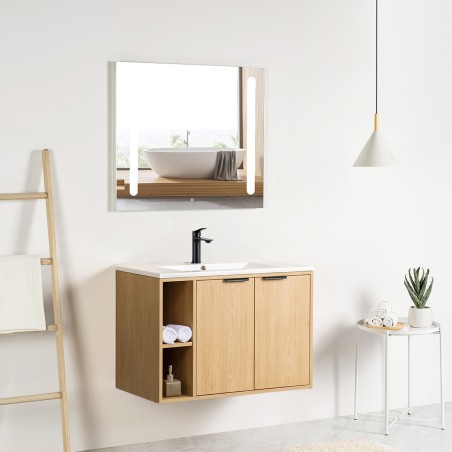 Ensemble meuble à niches 80 bois 2 portes-Vasque céramique-Miroir ELY - Ensemble Meuble + Vasque + Miroir - Bain-bain