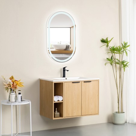 Ensemble meuble à niches 80 bois 2 portes-Vasque céramique-Miroir POLY - Ensemble Meuble + Vasque + Miroir - Bain-bain
