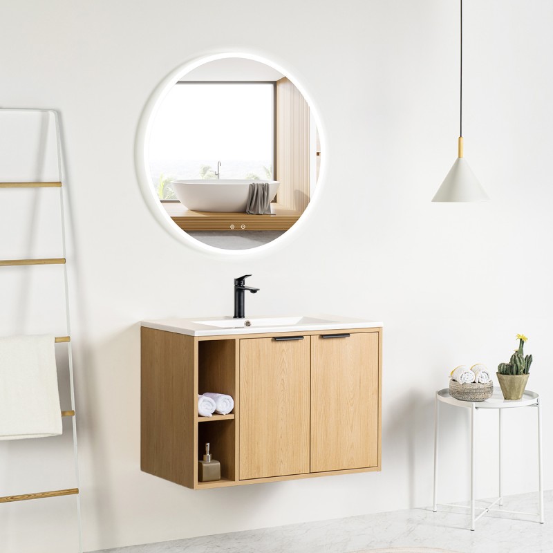 Ensemble meuble à niches 80 bois 2 portes-Vasque résine-Miroir JOY - Ensemble Meuble + Vasque + Miroir - Bain-bain