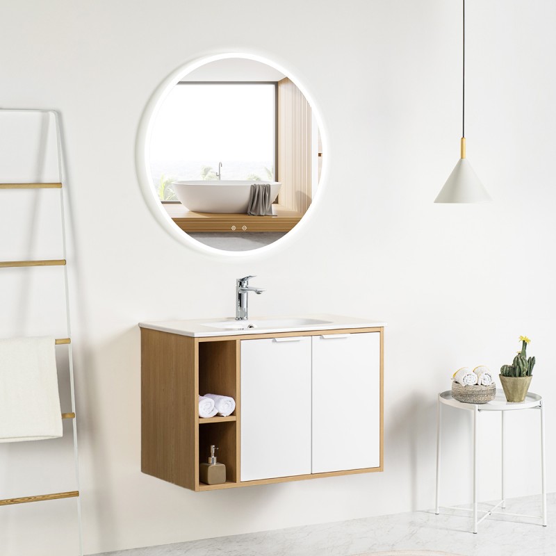 Ensemble meuble à niches 80 blanc effet bois 2 portes-Vasque céramique-Miroir JOY - Ensemble Meuble + Vasque + Miroir - Bain-...