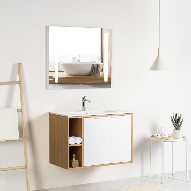 Ensemble meuble à niches 80 blanc effet bois 2 portes-Vasque résine-Miroir ELY - Ensemble Meuble + Vasque + Miroir - Bain-bain