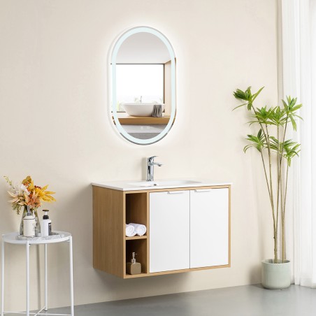 Ensemble meuble à niches 80 blanc effet bois 2 portes-Vasque résine-Miroir POLY - Ensemble Meuble + Vasque + Miroir - Bain-bain