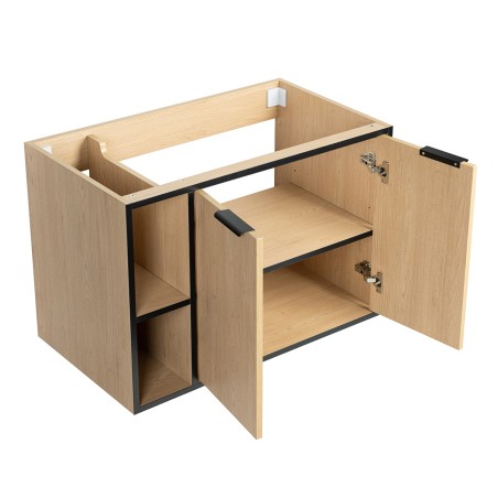 Ensemble meuble à niches 80 bois détail noir 2 portes-Vasque céramique-Miroir POLY - Ensemble Meuble + Vasque + Miroir - Bain...