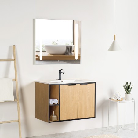 Ensemble meuble à niches 80 bois détail noir 2 portes-Vasque résine-Miroir ELY - Ensemble Meuble + Vasque + Miroir - Bain-bain