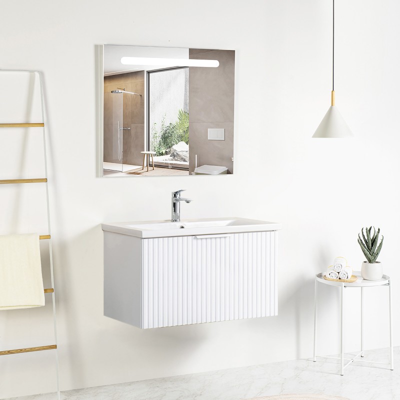 Pack meuble strié 80 blanc 1 tiroir-Vasque céramique\n -Robinet chromé-Miroir RIMA - Pack Meuble + Vasque + Robinet + Miroir ...