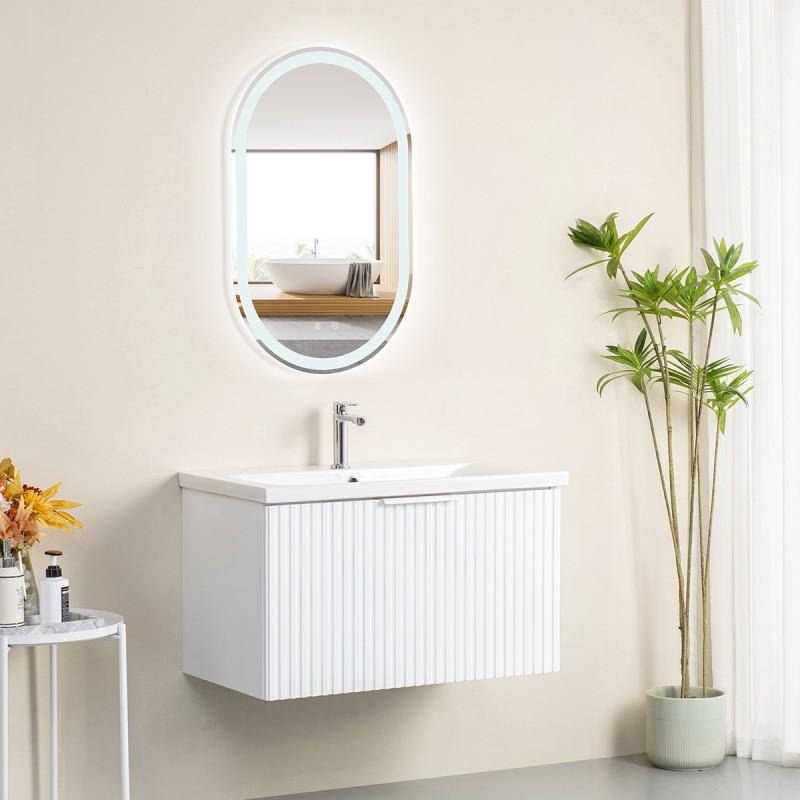 Pack meuble strié 80 blanc 1 tiroir-Vasque céramique\n -Robinet chromé-Miroir POLY - Pack Meuble + Vasque + Robinet + Miroir ...