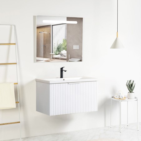 Pack meuble strié 80 blanc 1 tiroir-Vasque céramique\n -Robinet noir-Miroir RIMA - Pack Meuble + Vasque + Robinet + Miroir - ...