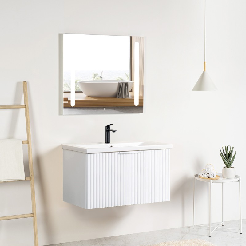 Pack meuble strié 80 blanc 1 tiroir-Vasque céramique\n -Robinet noir-Miroir ELY - Pack Meuble + Vasque + Robinet + Miroir - B...