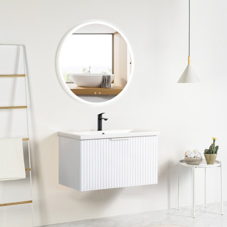 Packmeuble strié 80 blanc 1 tiroir-Vasque céramique\n -Robinet noir-Miroir JOY - Pack Meuble + Vasque + Robinet + Miroir - Ba...