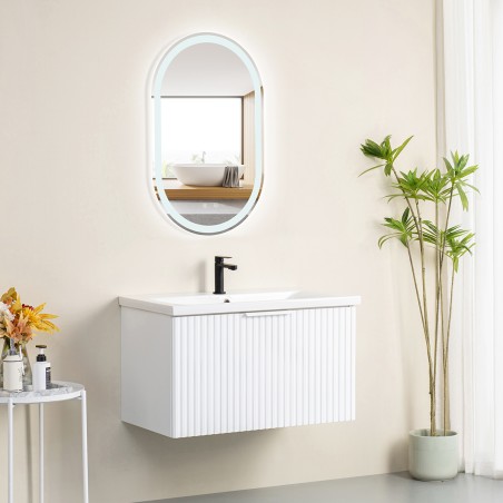Pack meuble strié 80 blanc 1 tiroir-Vasque céramique\n -Robinet noir-Miroir POLY - Pack Meuble + Vasque + Robinet + Miroir - ...