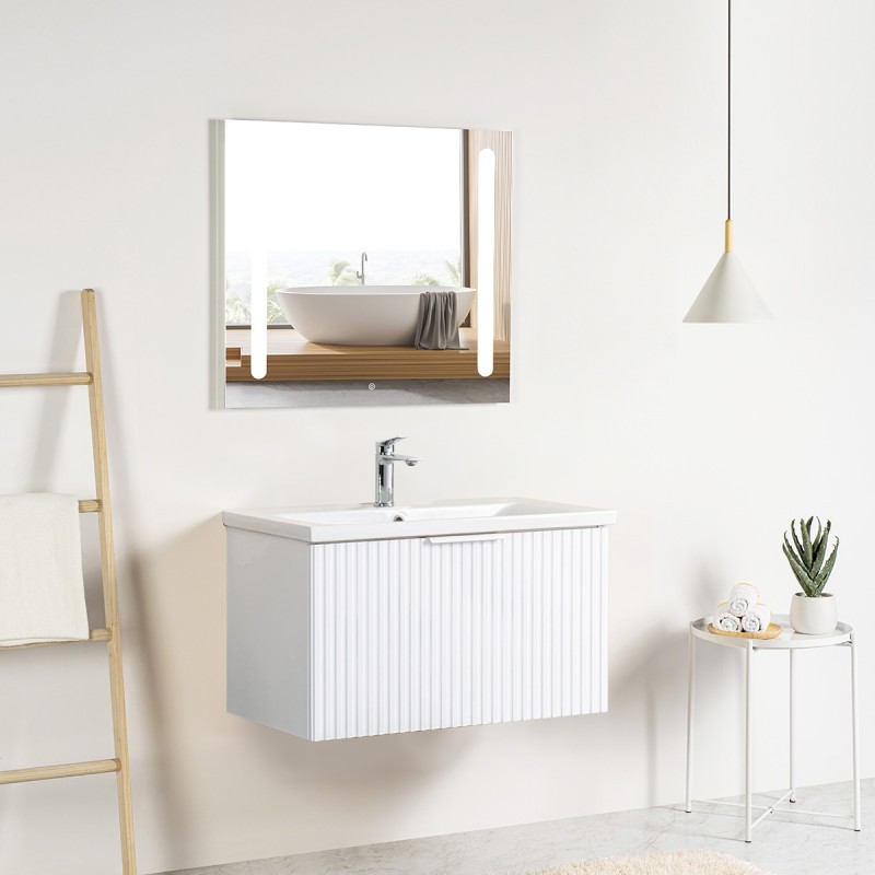 Pack meuble strié 80 blanc 1 tiroir-Vasque résine-Robinet chromé-Miroir ELY - Pack Meuble + Vasque + Robinet + Miroir - Bain-...