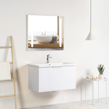 Pack meuble strié 80 blanc 1 tiroir-Vasque résine-Robinet chromé-Miroir ELY - Pack Meuble + Vasque + Robinet + Miroir - Bain-...