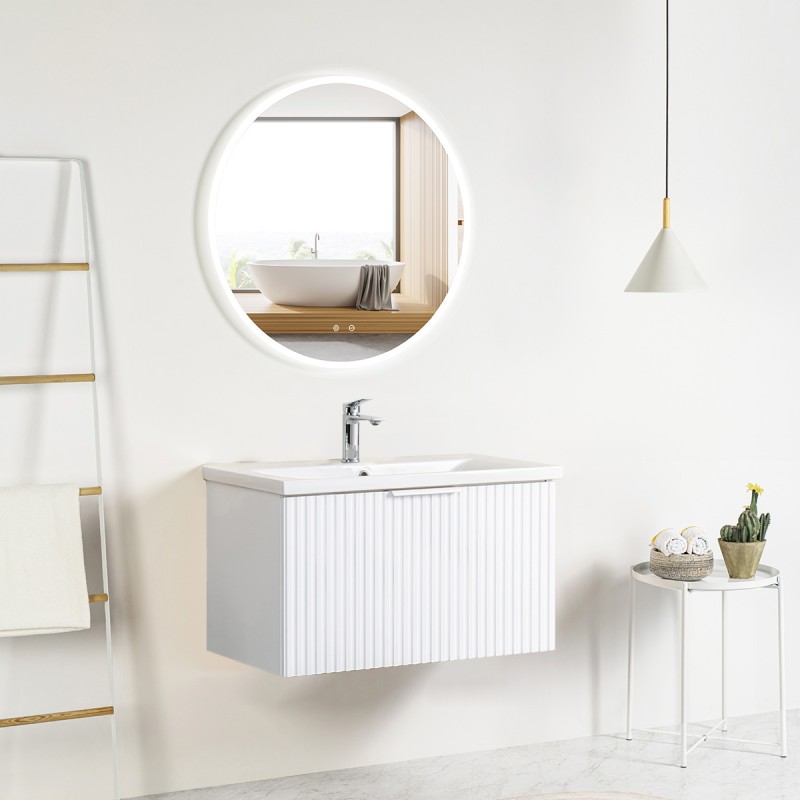 Pack meuble strié 80 blanc 1 tiroir-Vasque résine-Robinet chromé-Miroir JOY - Pack Meuble + Vasque + Robinet + Miroir - Bain-...