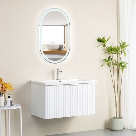 Pack meuble strié 80 blanc 1 tiroir-Vasque résine-Robinet chromé-Miroir POLY - Pack Meuble + Vasque + Robinet + Miroir - Bain...