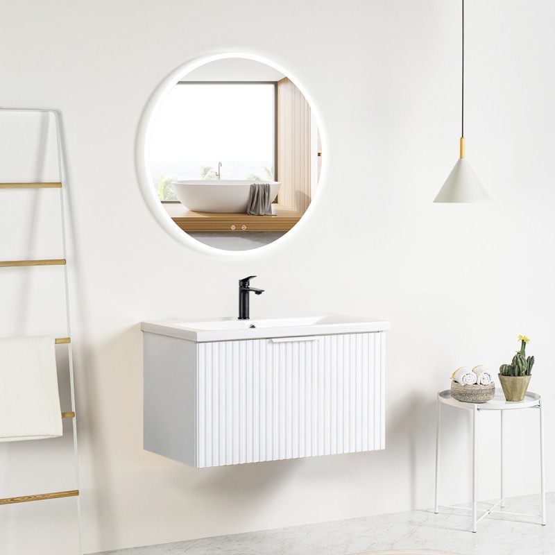 Pack meuble strié 80 blanc 1 tiroir-Vasque résine-Robinet noir-Miroir JOY - Pack Meuble + Vasque + Robinet + Miroir - Bain-bain