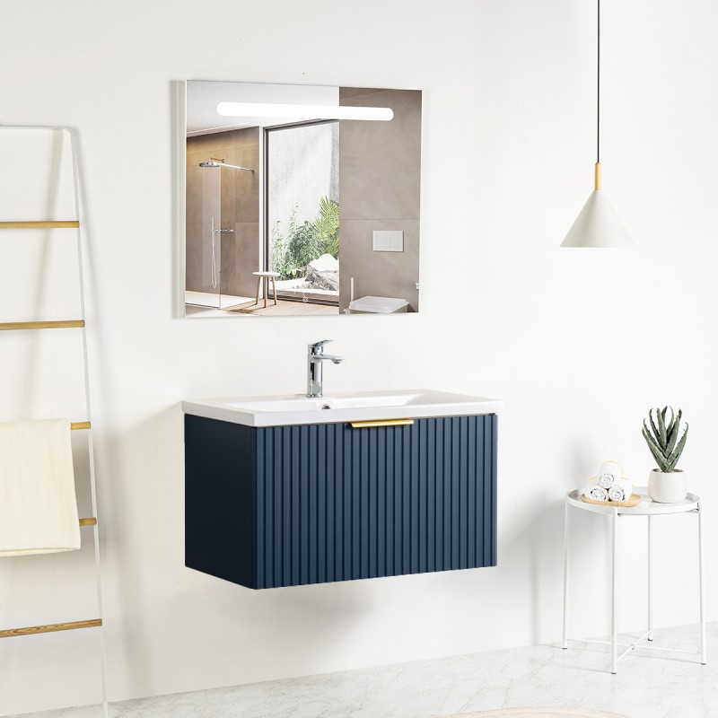 Pack meuble strié 80 bleu 1 tiroir-Vasque céramique\n -Robinet chromé-Miroir RIMA - Pack Meuble + Vasque + Robinet + Miroir -...