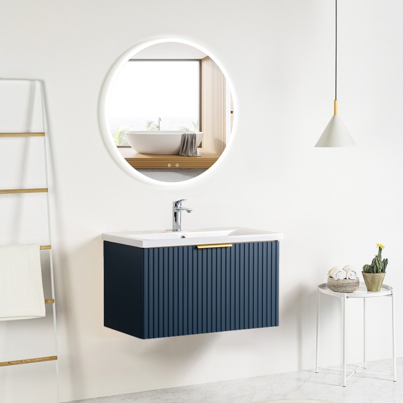 Pack meuble strié 80 bleu 1 tiroir-Vasque céramique -Robinet chromé-Miroir JOY - Pack Meuble + Vasque + Robinet + Miroir - Ba...