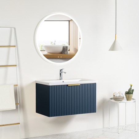 Pack meuble strié 80 bleu 1 tiroir-Vasque céramique\n -Robinet chromé-Miroir JOY - Pack Meuble + Vasque + Robinet + Miroir - ...
