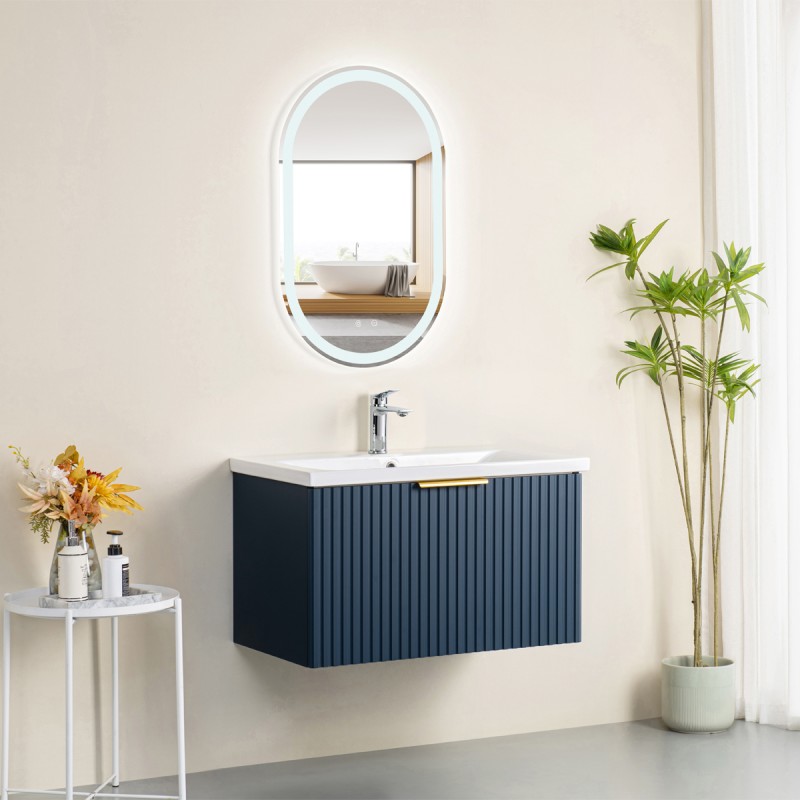 Pack meuble strié 80 bleu 1 tiroir-Vasque résine-Robinet chromé-Miroir POLY - Pack Meuble + Vasque + Robinet + Miroir - Bain-...