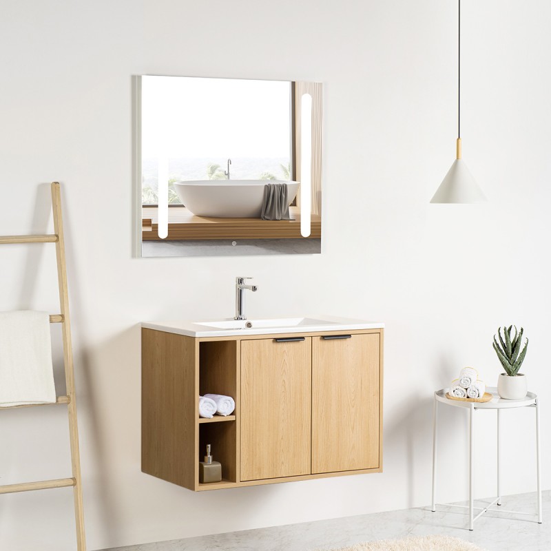 Pack meuble à niches 80 bois 2 portes-Vasque résine-Robinet chromé-Miroir ELY - Pack Meuble + Vasque + Robinet + Miroir - Bai...