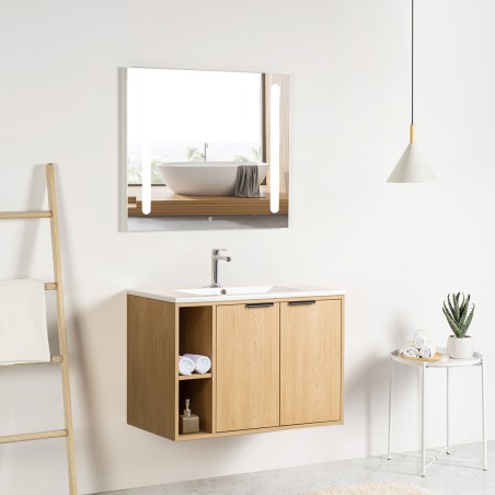 Pack meuble à niches 80 bois 2 portes-Vasque résine-Robinet chromé-Miroir ELY - Pack Meuble + Vasque + Robinet + Miroir - Bai...