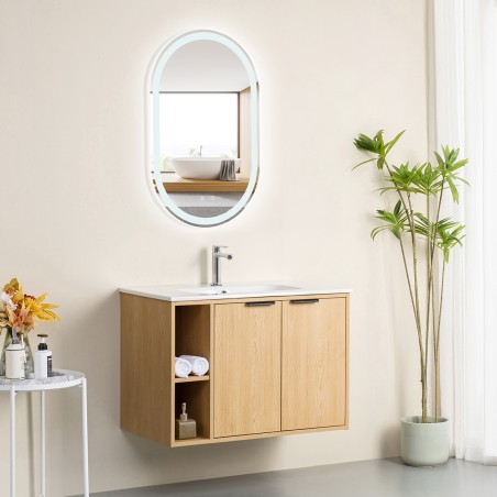 Pack meuble à niches 80 bois 2 portes-Vasque résine-Robinet chromé-Miroir POLY - Pack Meuble + Vasque + Robinet + Miroir - Ba...