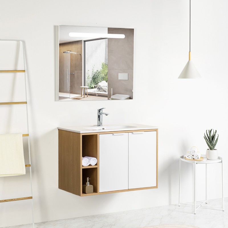 Pack meuble à niches 80 blanc effet bois 2 portes-Vasque céramique\n -Robinet chromé-Miroir RIMA - Pack Meuble + Vasque + Rob...