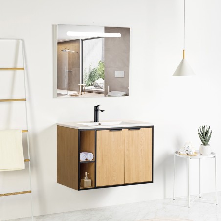 Pack meuble à niches 80 bois détail noir 2 portes-Vasque céramique\n -Robinet noir-Miroir RIMA - Pack Meuble + Vasque + Robin...