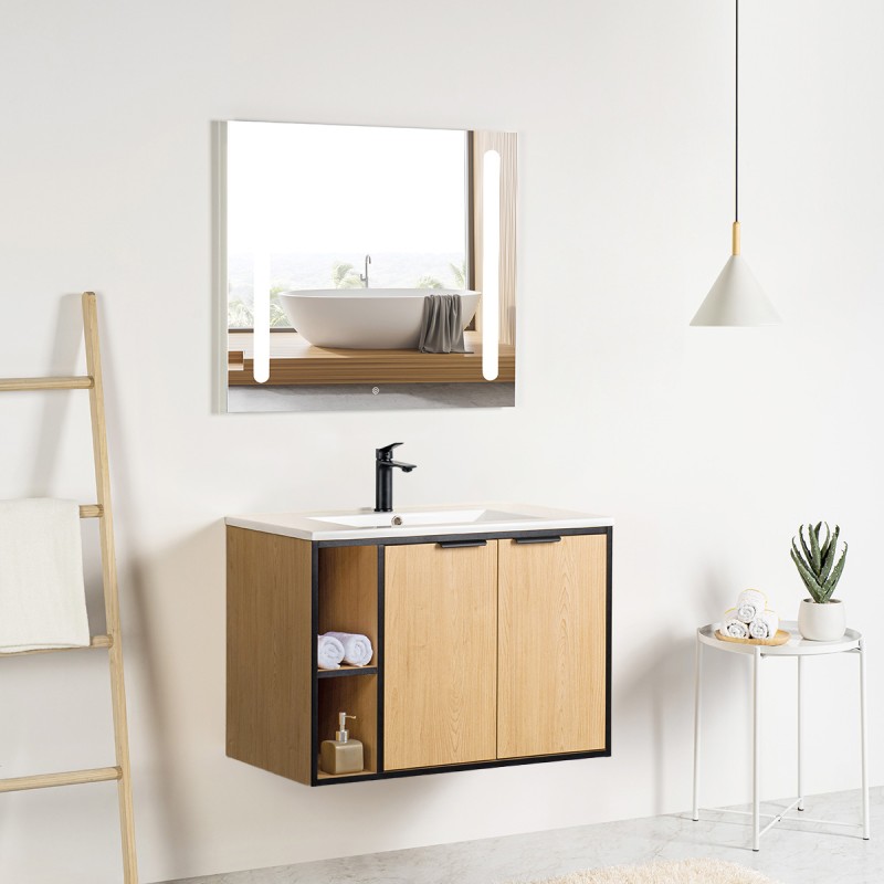 Pack meuble à niches 80 bois détail noir 2 portes-Vasque résine-Robinet noir-Miroir ELY - Pack Meuble + Vasque + Robinet + Mi...