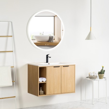 Pack meuble à niches 80 bois détail noir 2 portes-Vasque résine-Robinet noir-Miroir JOY - Pack Meuble + Vasque + Robinet + Mi...