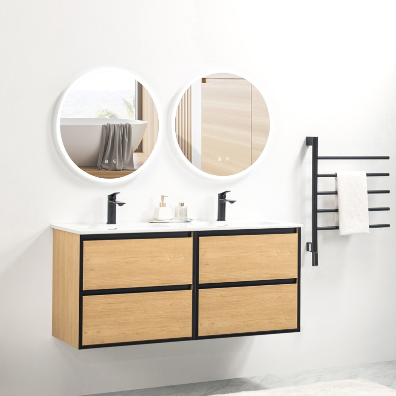 Pack meuble 120 bois détail noir-Vasque céramique-Robinets noir-Miroirs JOY - Pack Meuble + Vasque + Robinet + Miroir - Bain-...