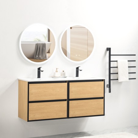 Pack meuble 120 bois détail noir-Vasque céramique-Robinets noir-Miroirs JOY - Pack Meuble + Vasque + Robinet + Miroir - Bain-...