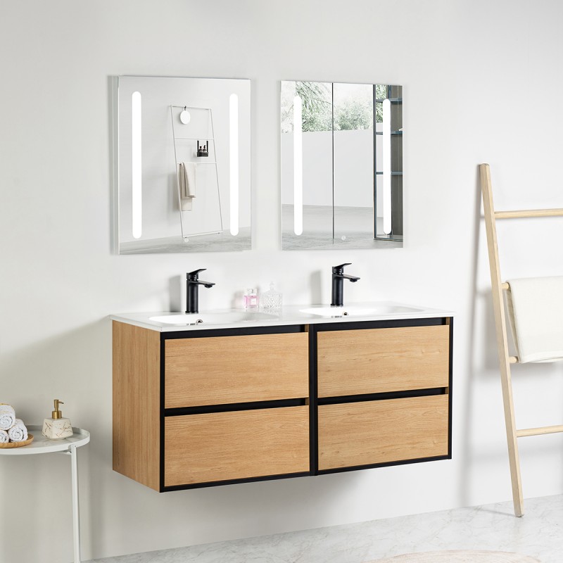 Pack meuble 120 bois détail noir-Vasque céramique-Robinets noir-Miroirs ELY - Pack Meuble + Vasque + Robinet + Miroir - Bain-...