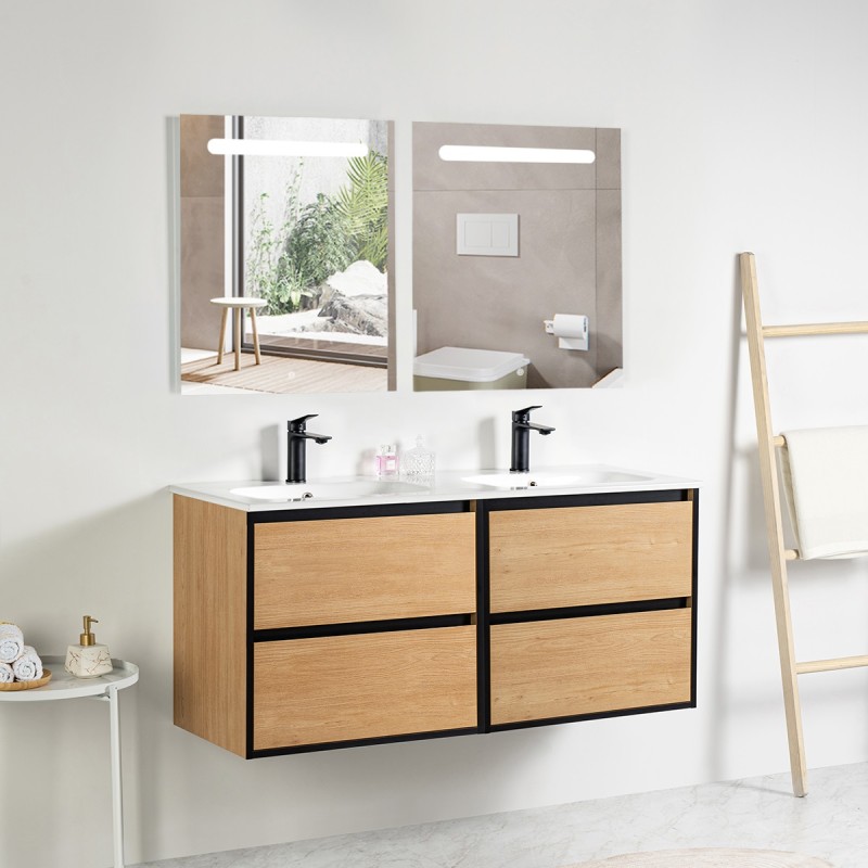 Pack meuble 120 bois détail noir-Vasque céramique-Robinets noir-Miroirs RIMA - Pack Meuble + Vasque + Robinet + Miroir - Bain...