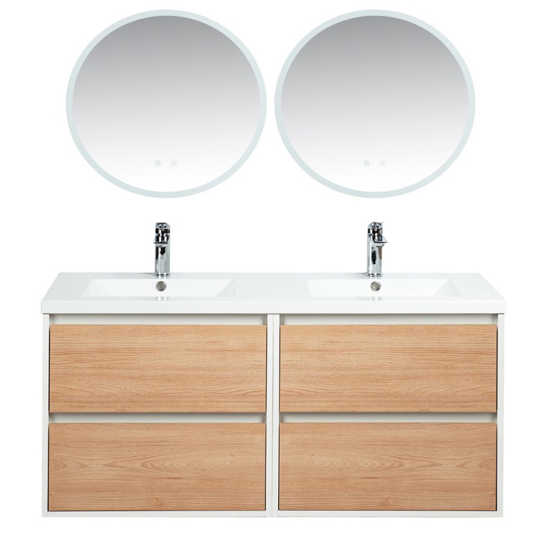 Pack meuble 120 blanc effet bois-Vasque résine-Robinets chromé-Miroirs JOY - Pack Meuble + Vasque + Robinet + Miroir - Bain-bain