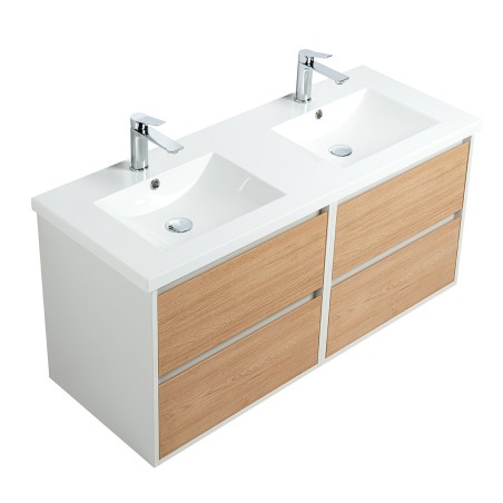 Pack meuble 120 blanc effet bois-Vasque résine-Robinets chromé-Miroirs JOY - Pack Meuble + Vasque + Robinet + Miroir - Bain-bain