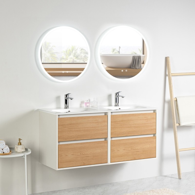 Pack meuble 120 blanc effet bois-Vasque céramique-Robinets chromé-Miroirs JOY - Pack Meuble + Vasque + Robinet + Miroir - Bai...