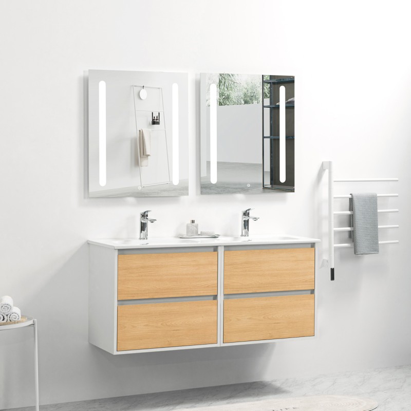 Pack meuble 120 blanc effet bois-Vasque céramique-Robinets chromé-Miroirs ELY - Pack Meuble + Vasque + Robinet + Miroir - Bai...