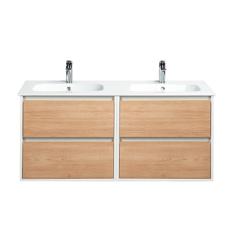 Pack meuble 120 blanc effet bois-Vasque céramique-Robinets chromé-Miroirs ELY - Pack Meuble + Vasque + Robinet + Miroir - Bai...