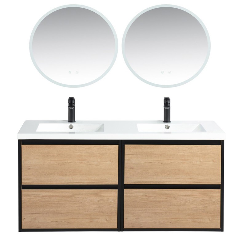 Ensemble meuble 120 bois détail noir-Vasque résine-Miroirs JOY - Ensemble Meuble + Vasque + Miroir - Bain-bain